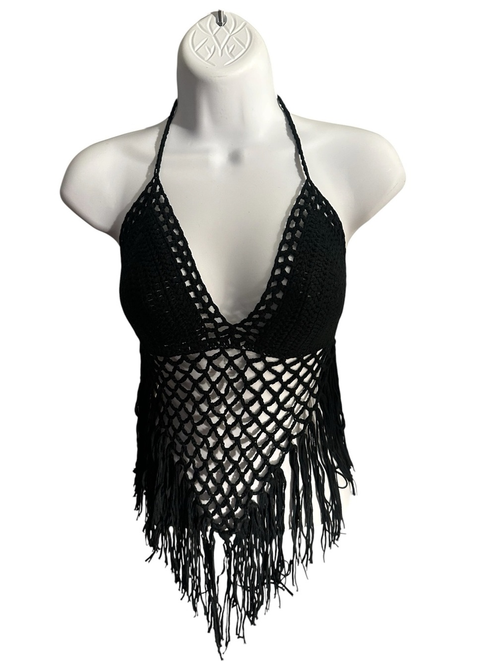 Freesize Black Crochet Fringe Halter Top.    LG/GR/GR.  C381A
